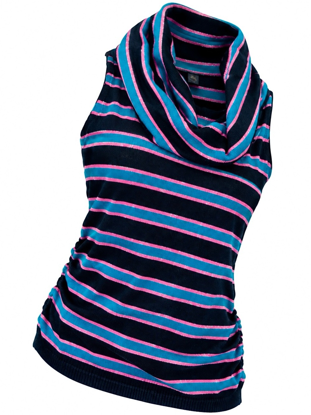 Sleeveless Striped Cowl Neck Sweater - Navy, Teal & Pink